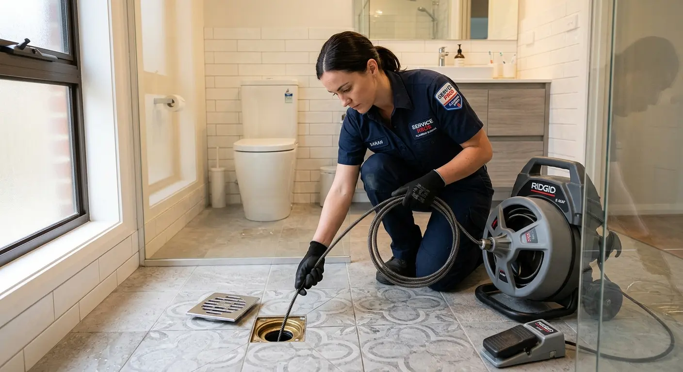 Technician clearing a bathroom floor drain for Hydro Jetting in Swansea